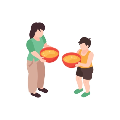 Isometric voluneer food homeless poor composition with human characters of poor people holding soup dishes vector illustration