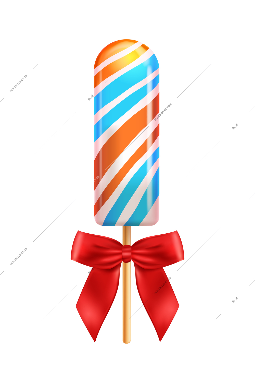Realistic lollipop red bow composition with isolated image of ice cream shaped candy on stick vector illustration