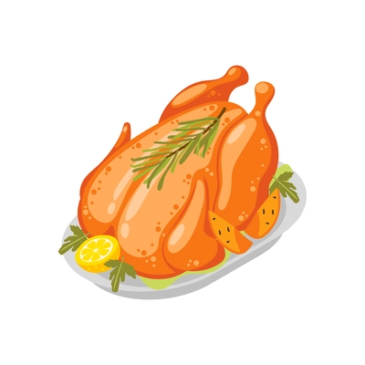 Christmas mood isometric icons composition with isolated image of roasted chicken on plate vector illustration