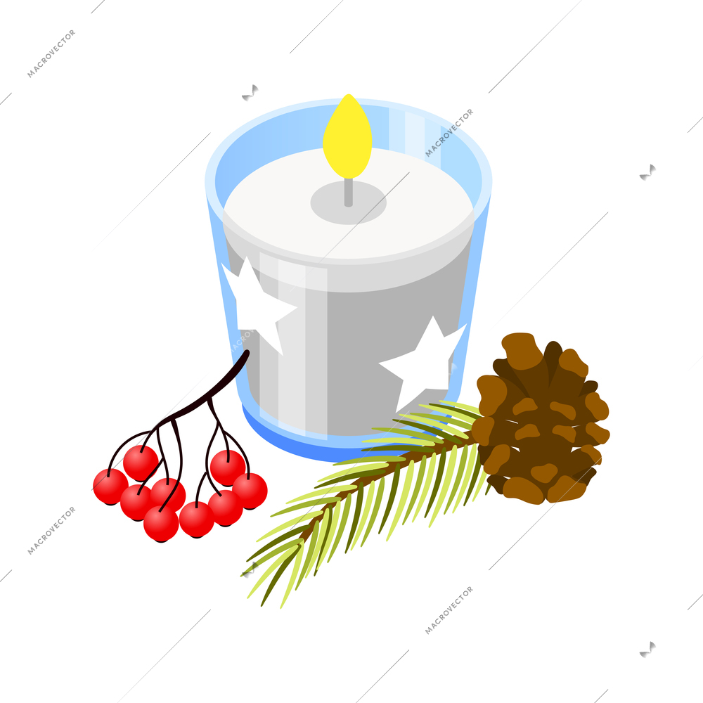 Christmas mood isometric icons composition with images of glass candle with pine cone and fir vector illustration