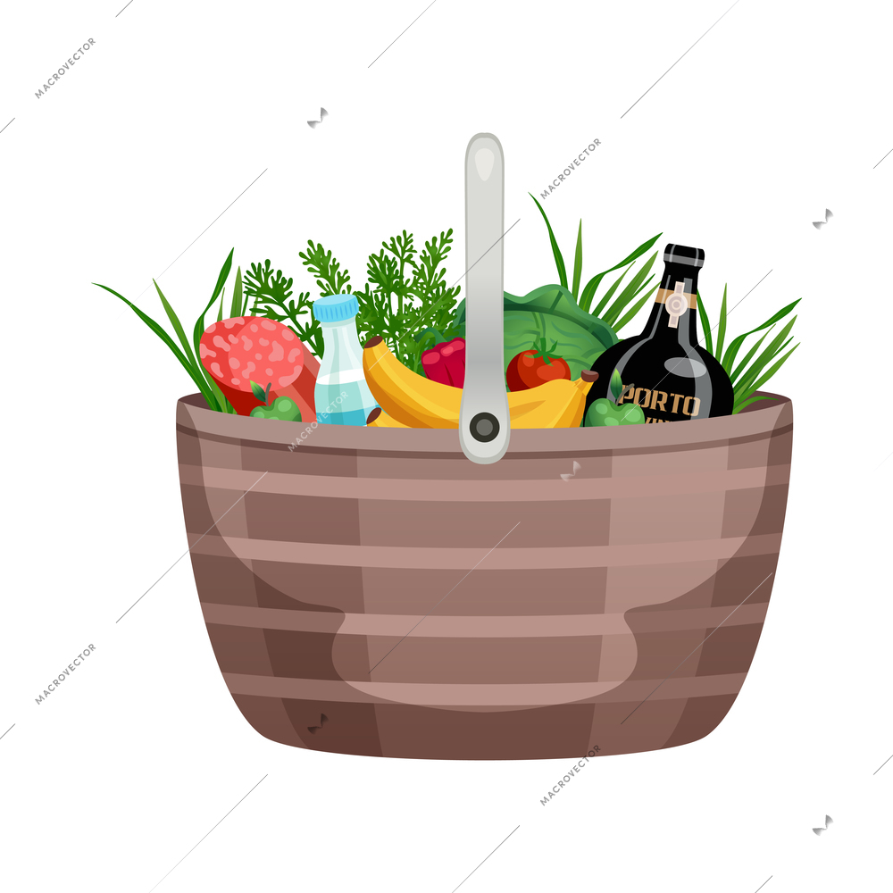 Shopping bag basket composition with isolated image of products in basket vector illustration