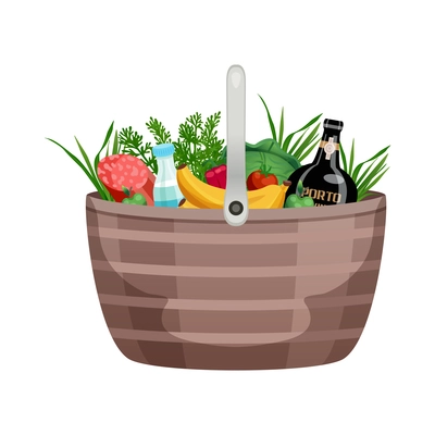 Shopping bag basket composition with isolated image of products in basket vector illustration