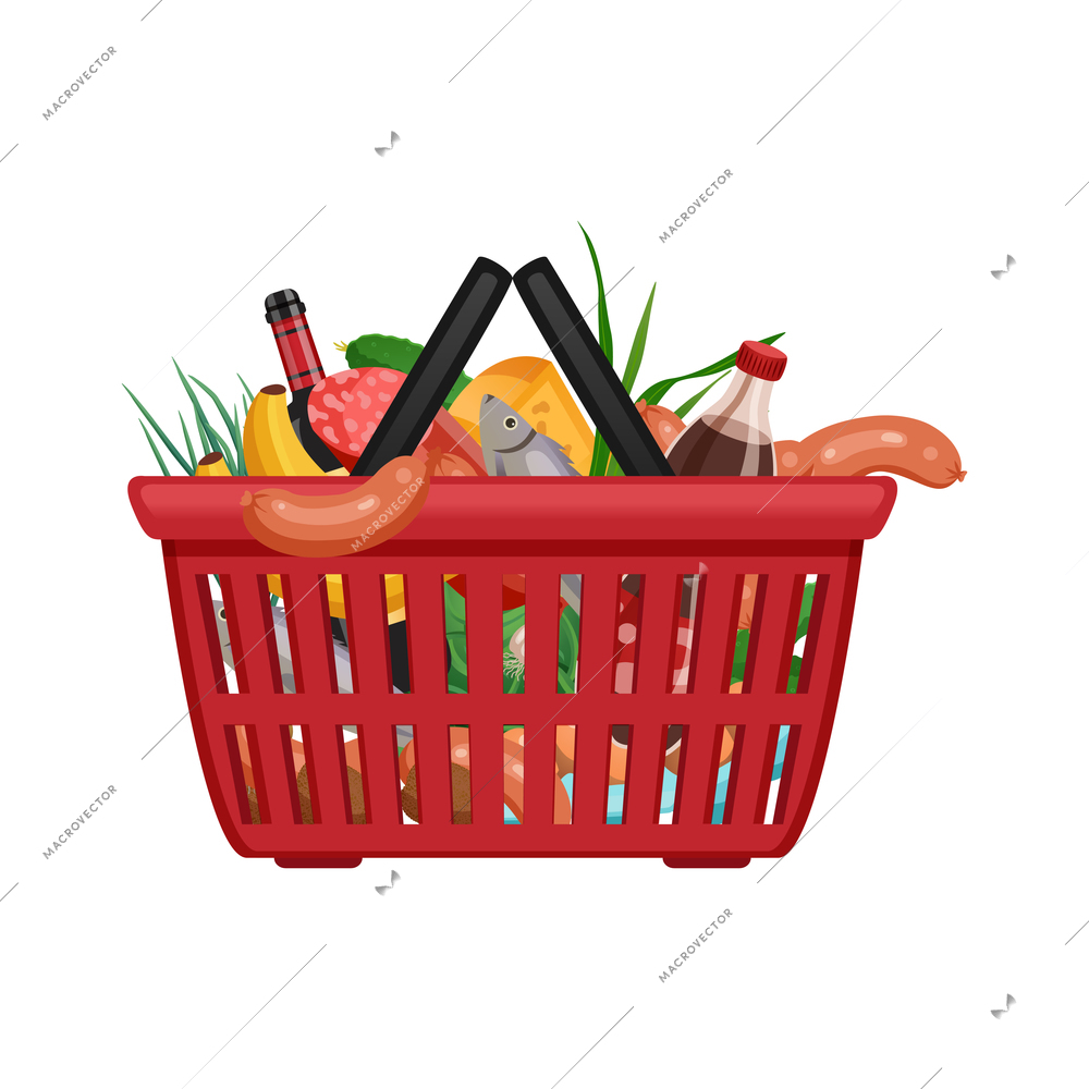 Shopping bag basket composition with isolated image of products in supermarket basket vector illustration