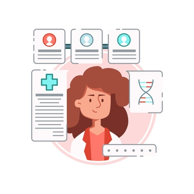 Online medicine flat composition with female character of doctor surrounded by drug orders vector illustration