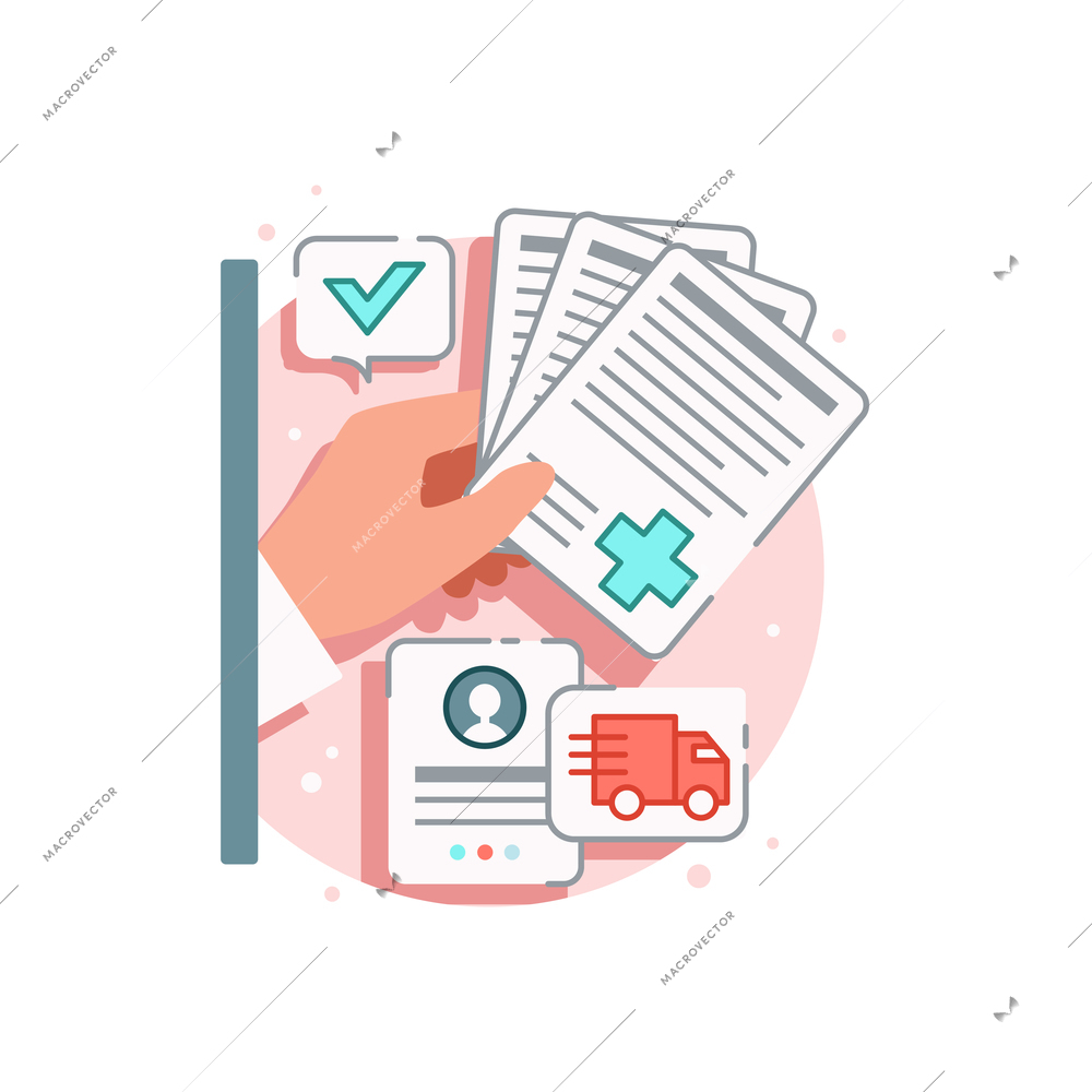 Online medicine flat composition with with stack of drug orders and doctors hand vector illustration