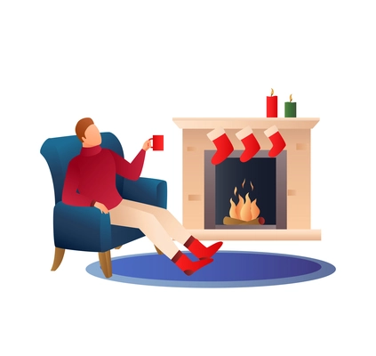 Christmas gradient flat composition with view of fireplace with socks and relaxing man vector illustration