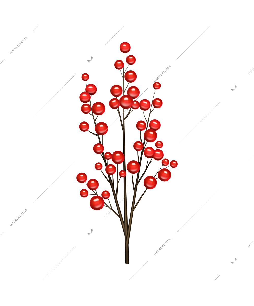 Christmas decoration realistic composition with isolated image of decorative branch with red berries vector illustration