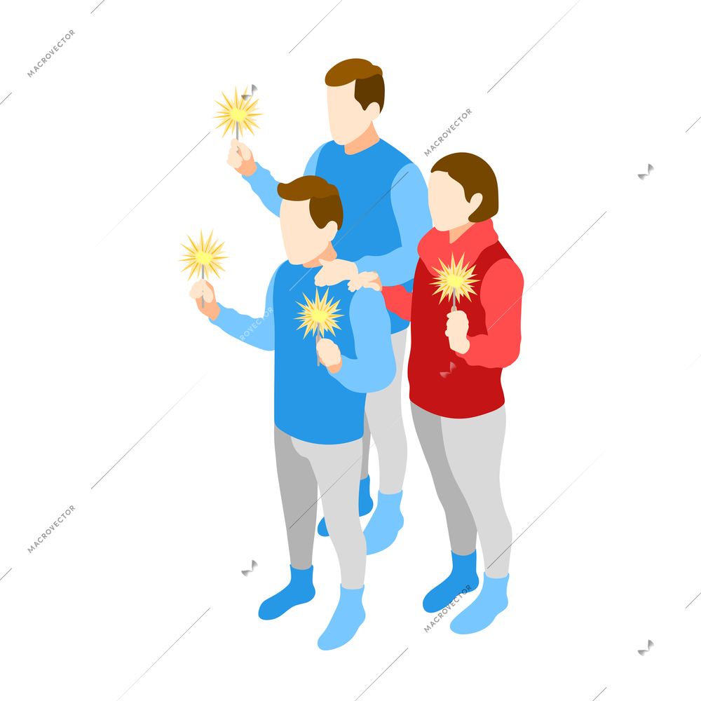 Christmas mood isometric icons composition with characters of family members holding sparklers vector illustration