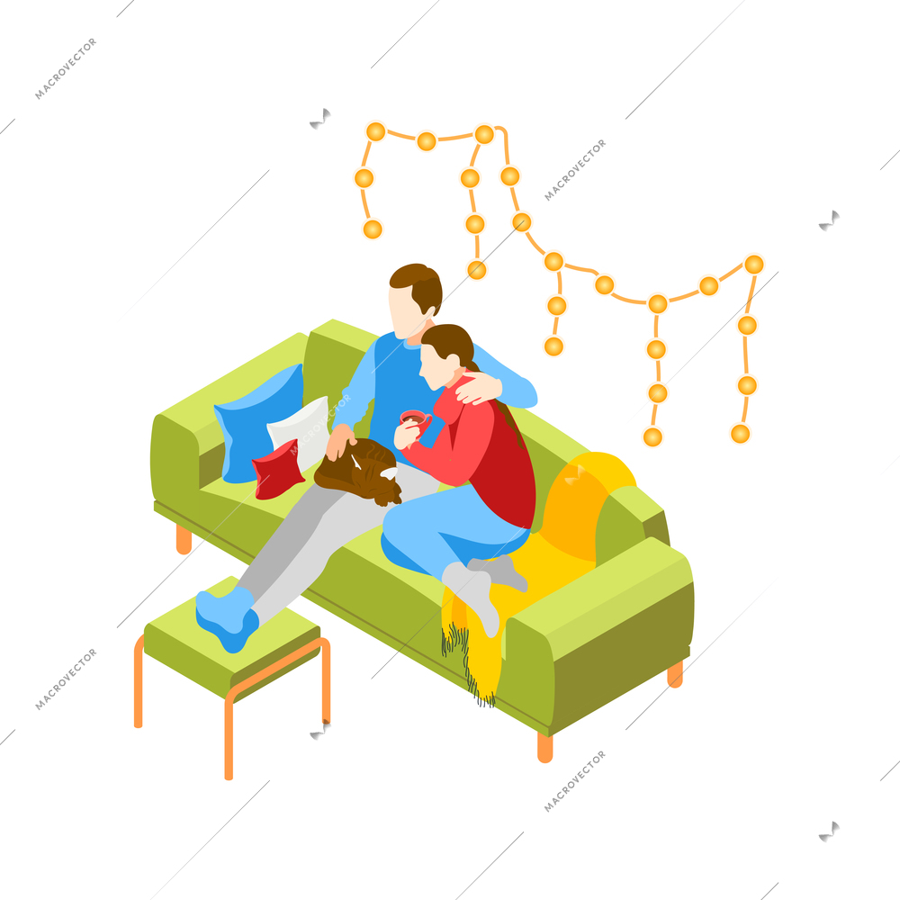 Christmas mood isometric icons composition with characters of loving couple relaxing on sofa vector illustration