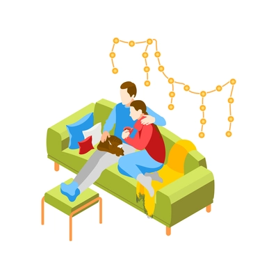 Christmas mood isometric icons composition with characters of loving couple relaxing on sofa vector illustration