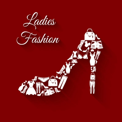 Woman clothes elements in high heel shoe shape concept vector illustration