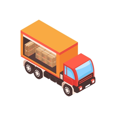 Isometric voluneer food homeless poor composition with isolated image of truck filled with charity boxes vector illustration