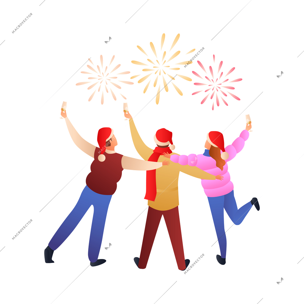Christmas gradient flat composition with group of three friends with glasses of champagne watching fireworks vector illustration