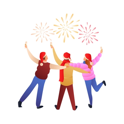 Christmas gradient flat composition with group of three friends with glasses of champagne watching fireworks vector illustration