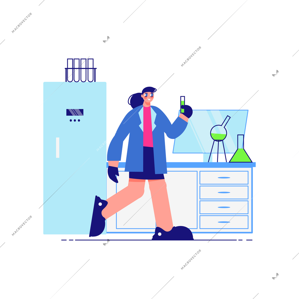 Science laboratory composition with female character of scientist in test lab vector illustration