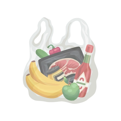 Shopping bag basket composition with isolated image of food in transparent plastic bag vector illustration