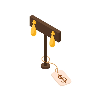 Pawn shop isometric composition with isolated image of golden ear rings on stand with price tag vector illustration