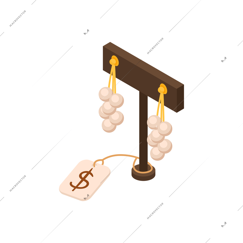 Pawn shop isometric composition with isolated image of cluster shaped ear rings on stand with price tag vector illustration