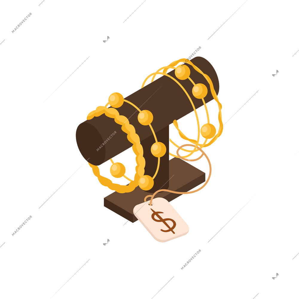 Pawn shop isometric composition with isolated image of golden necklaces and jewelry on stand vector illustration