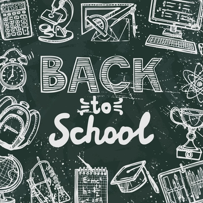 Retro education icons on blackboard background with back to school text poster vector illustration