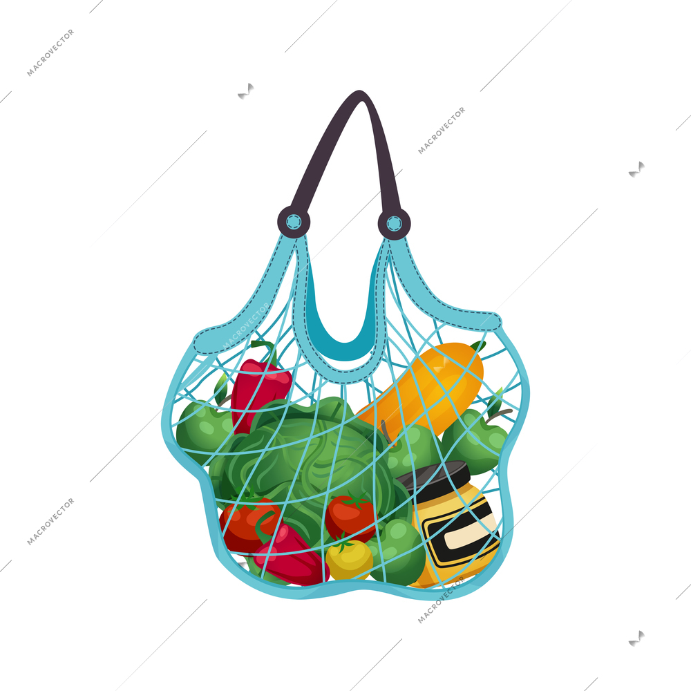 Shopping bag basket composition with isolated image of food in string bag vector illustration