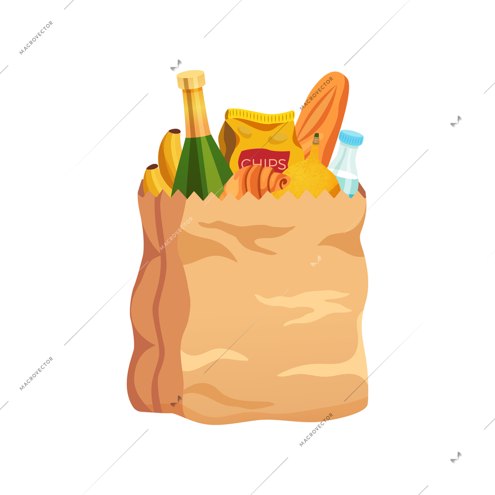 Shopping bag basket composition with isolated image of food products in paper bag vector illustration