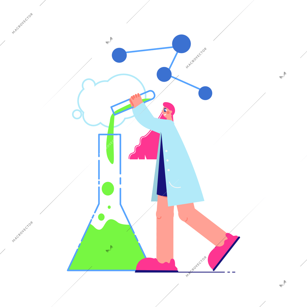 Science laboratory composition with character of scientist pouring liquid into flask vector illustration