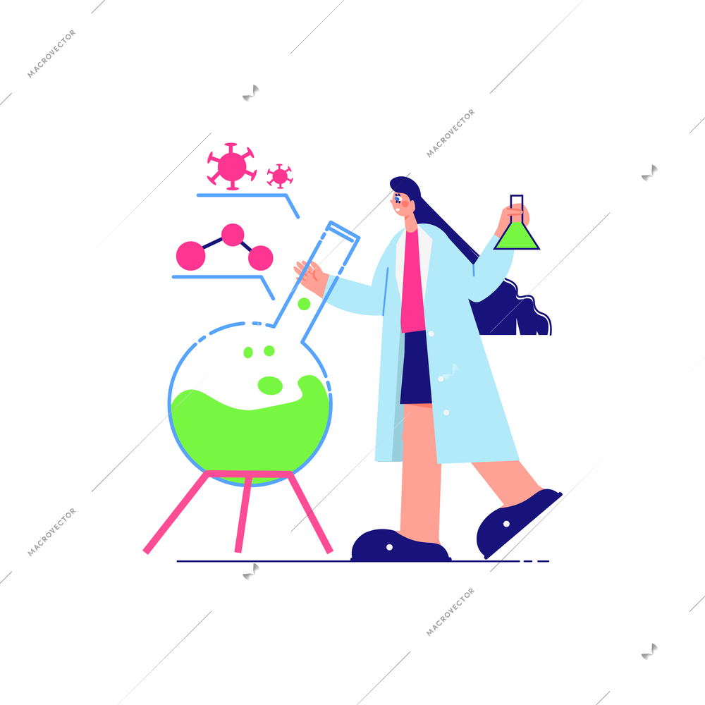 Science laboratory composition with character of female scientist with lab flask vector illustration