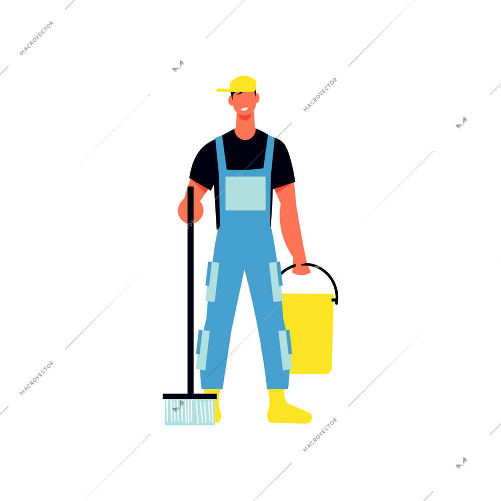 Cleaning service flat composition with human character of cleaning service worker with bucket and brush vector illustration