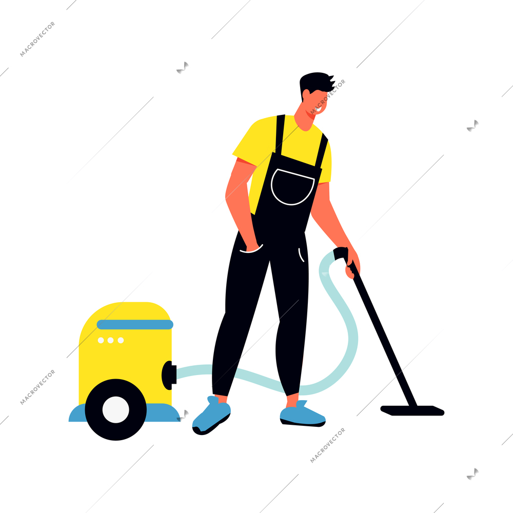Cleaning service flat composition with human character of cleaning service worker with vacuum tube cleaner machine vector illustration