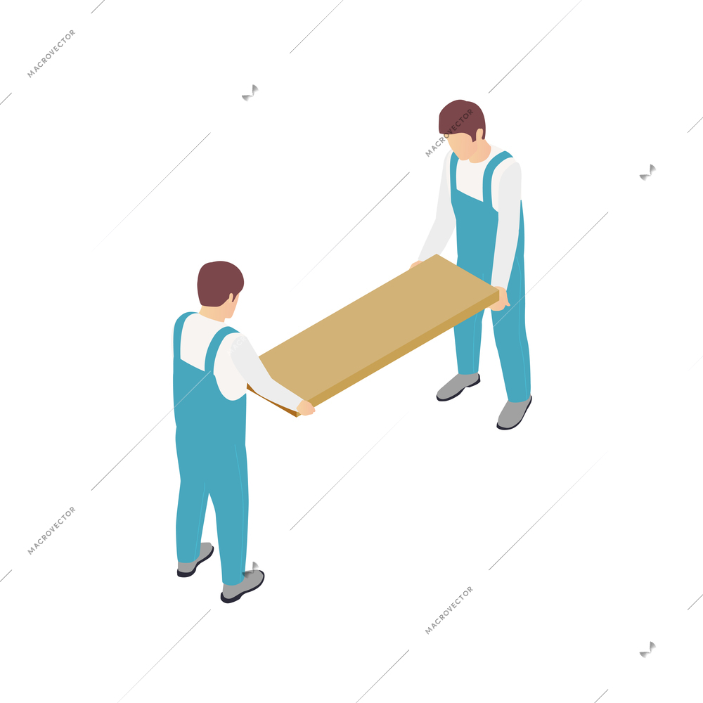 Modular frame building isometric composition with human characters of two workers carrying piece of wall vector illustration