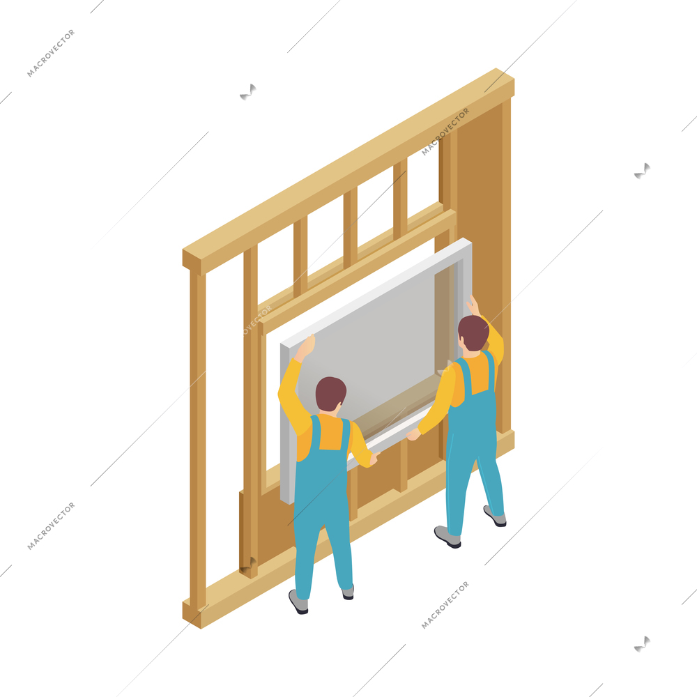 Modular frame building isometric composition with human characters of workersinstalling window vector illustration