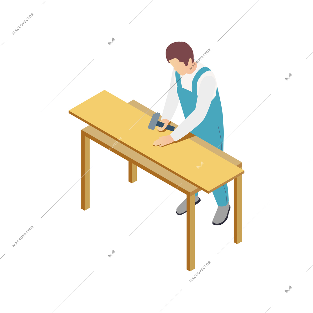Modular frame building isometric composition with human character of worker with hammer and wall piece vector illustration