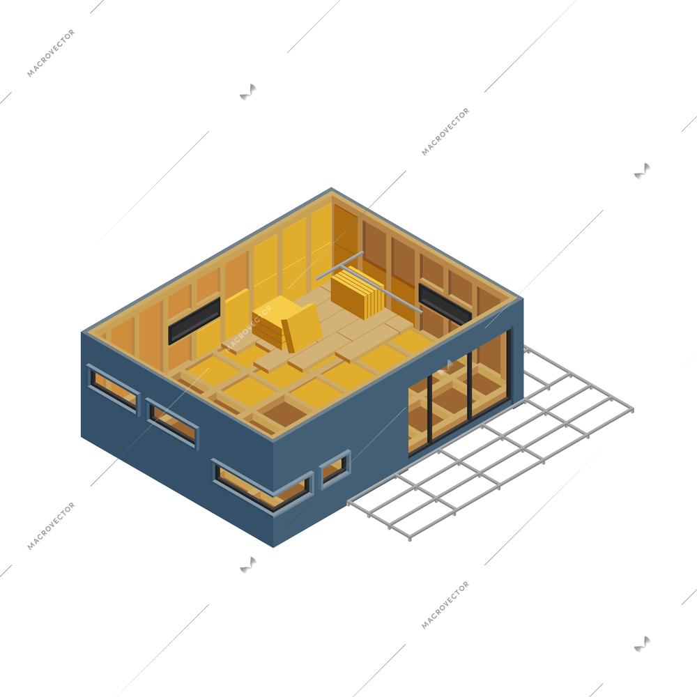 Modular frame building isometric composition with isolated image of house under construction vector illustration