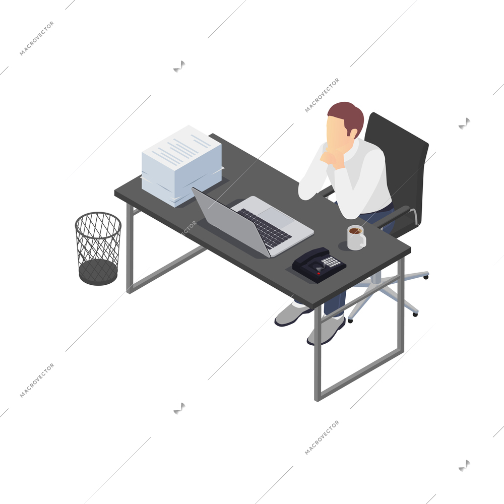 Professional burnout depression frustration isometric composition with view of workplace with depressed worker vector illustration