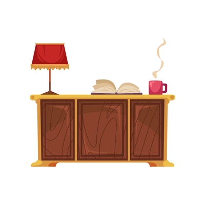 Old library interior composition with front view of reading table with lamp and smoky cup vector illustration