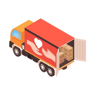 Isometric voluneer food homeless poor composition with isolated image of truck with carton boxes of clothes vector illustration