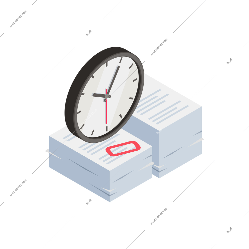 Professional burnout depression frustration isometric composition with images of clock and stack of paperwork vector illustration