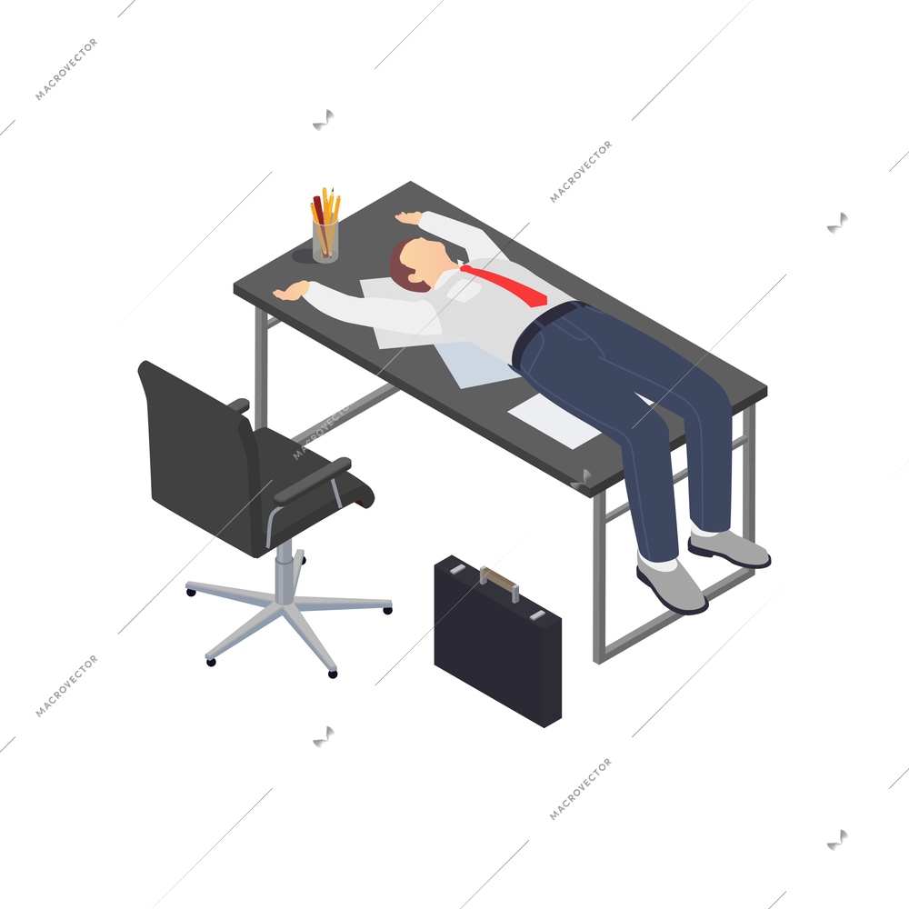 Professional burnout depression frustration isometric composition with human character of worker lying on working table vector illustration