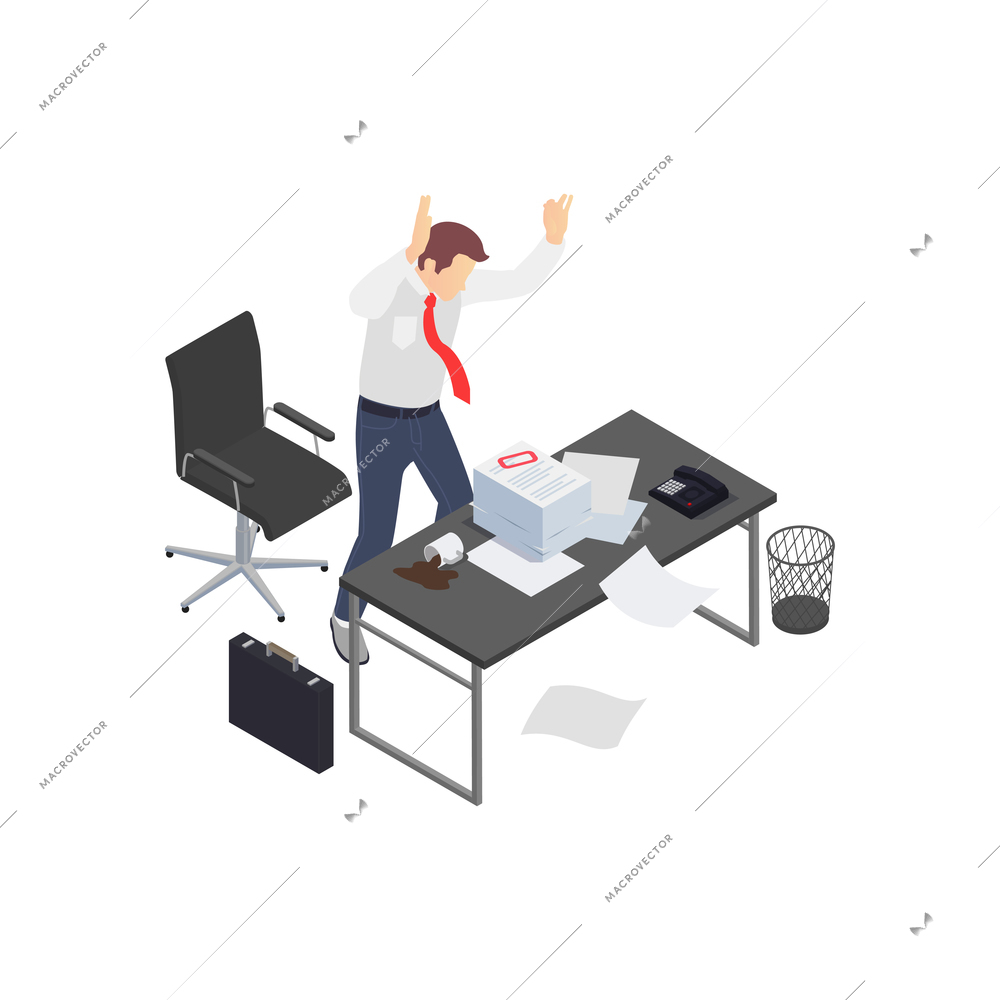 Professional burnout depression frustration isometric composition with angry worker and stack of paperwork vector illustration