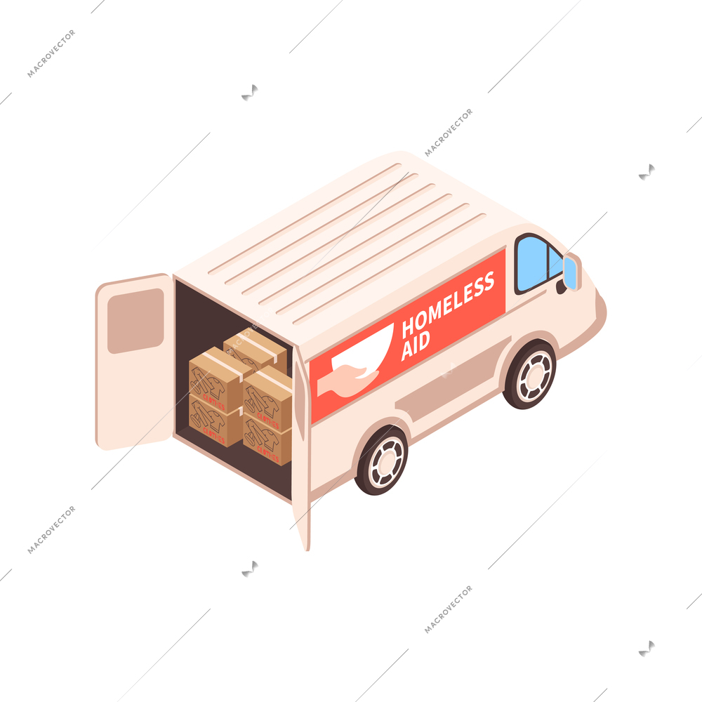 Isometric voluneer food homeless poor composition with isolated image of charity van with donation boxes vector illustration