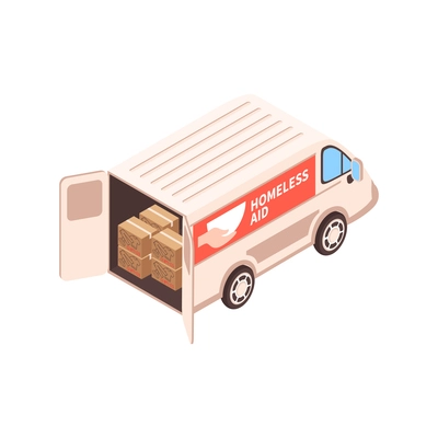 Isometric voluneer food homeless poor composition with isolated image of charity van with donation boxes vector illustration