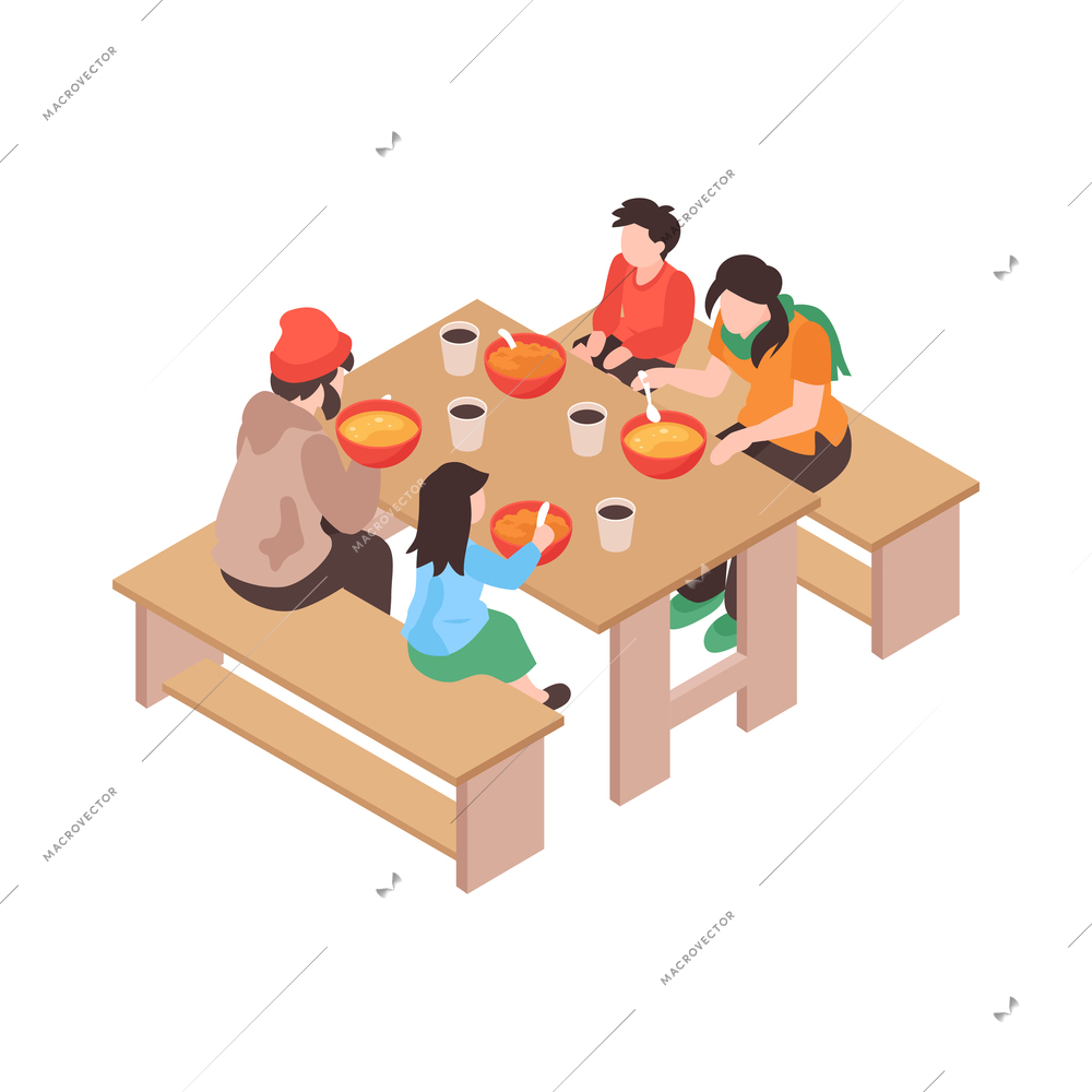 Isometric voluneer food homeless poor composition with human characters of eating people vector illustration