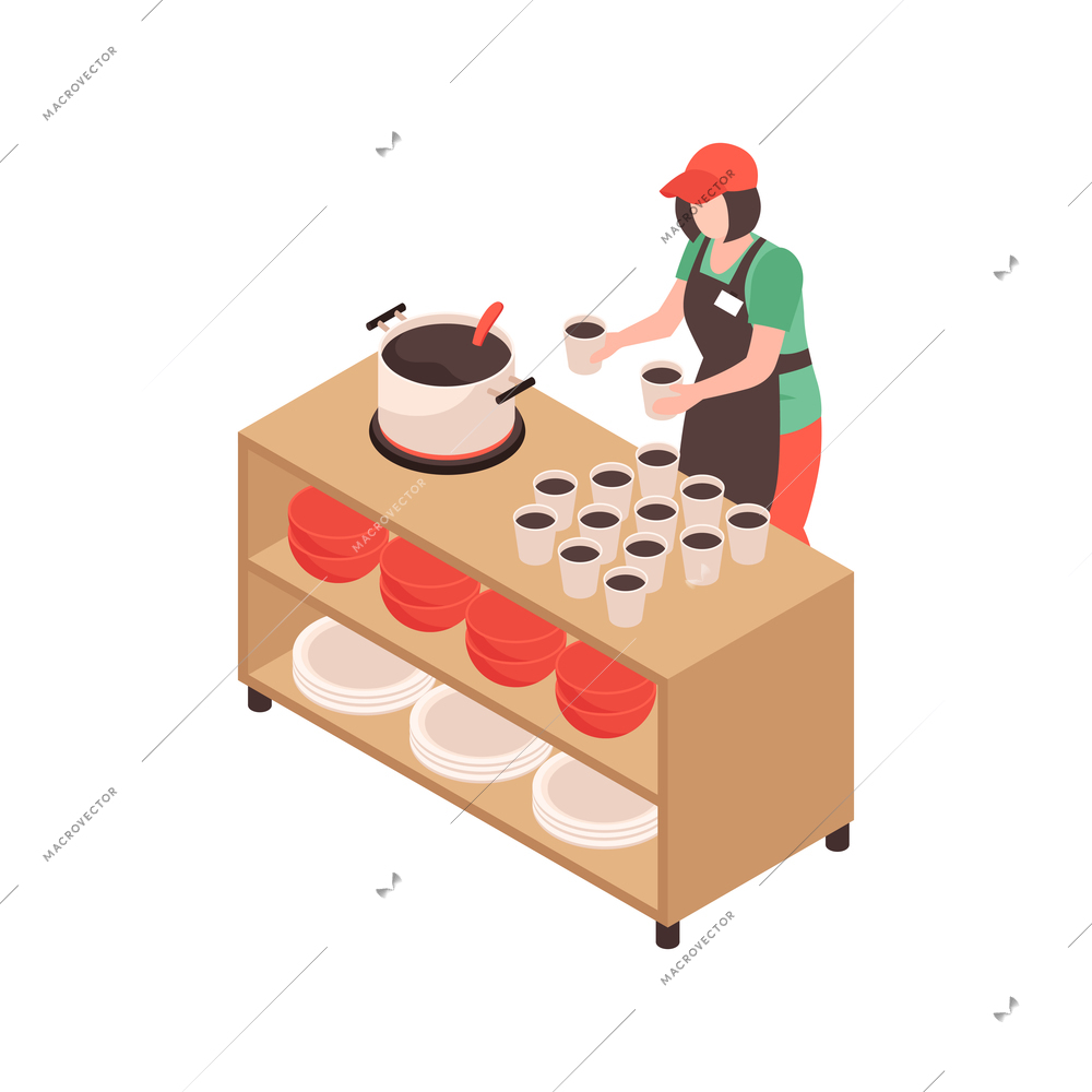 Isometric voluneer food homeless poor composition with female character of volunteer sharing hot drinks vector illustration