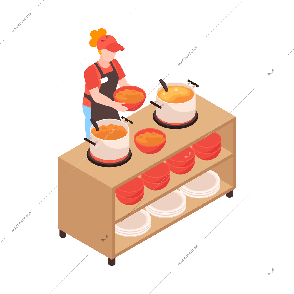 Isometric voluneer food homeless poor composition with human character of volunteer sharing porridge vector illustration