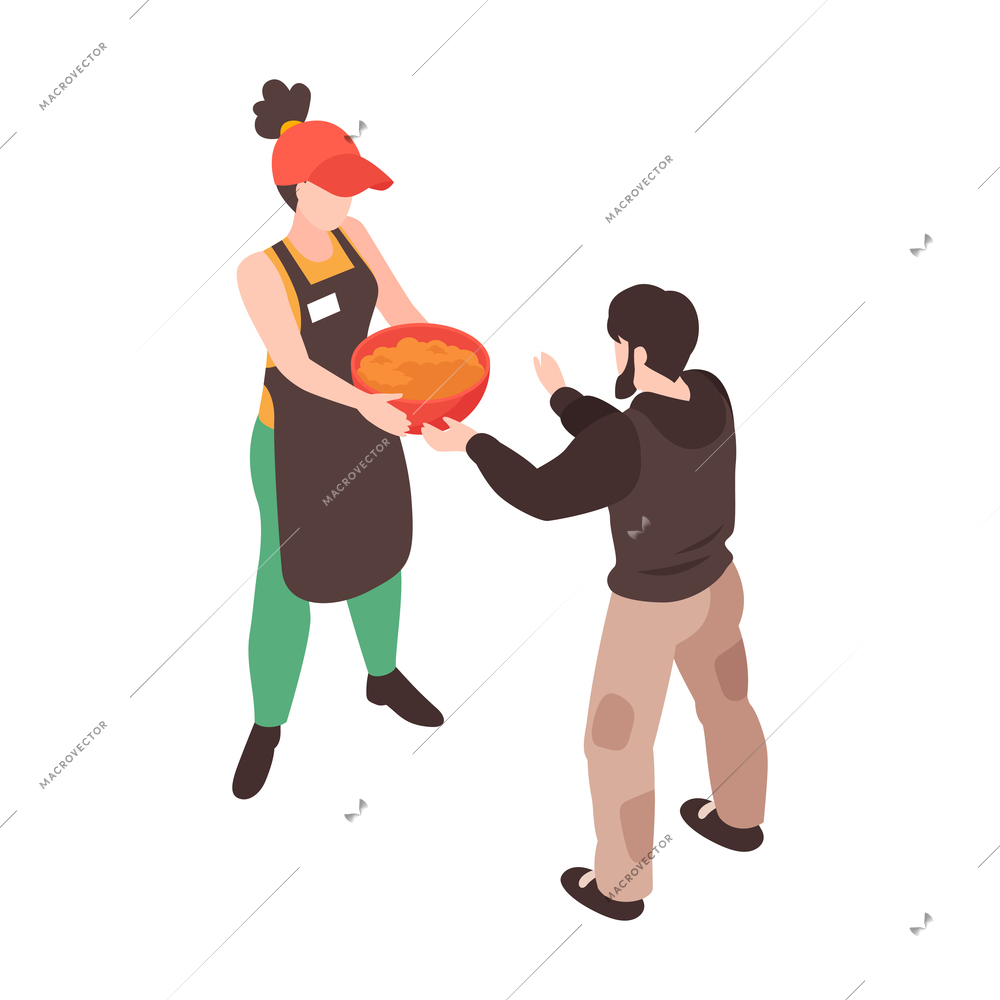 Isometric voluneer food homeless poor composition with human characters of person in need and volunteer vector illustration