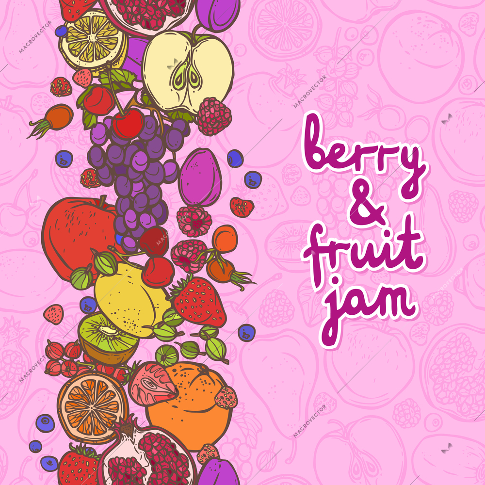 Fresh natural fruit and berries food jam decorative vertical border vector illustration