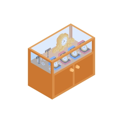 Pawn shop isometric composition with isolated image of shop display with valuable things vector illustration