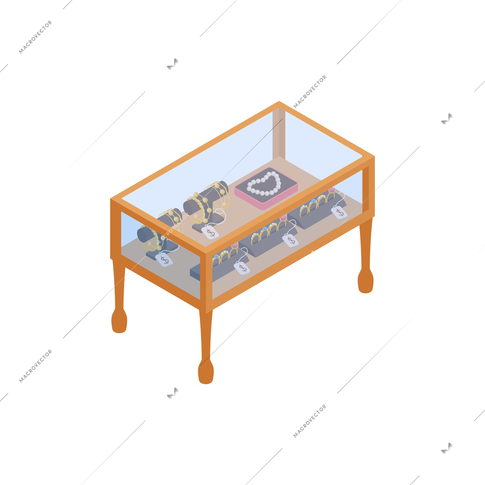 Pawn shop isometric composition with isolated image of transparent shop display with jewelry vector illustration