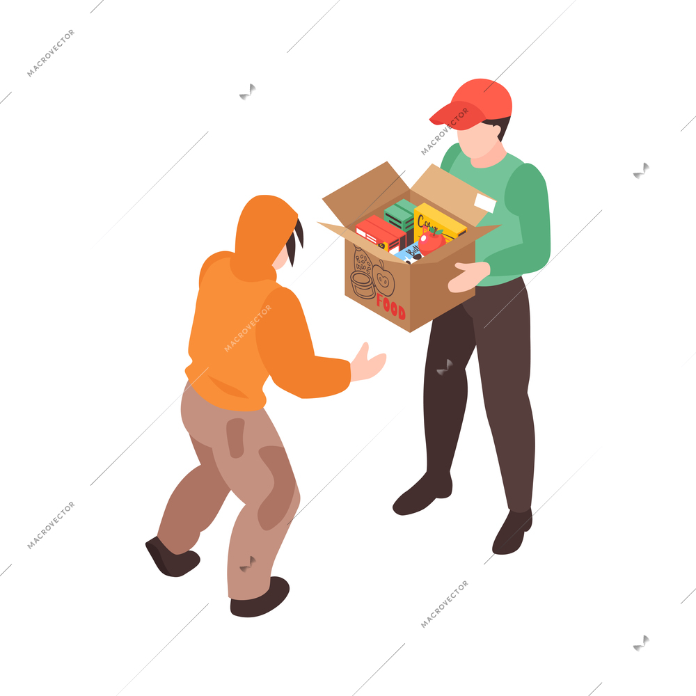 Isometric voluneer food homeless poor composition with human characters of person in need and volunteer with food box vector illustration